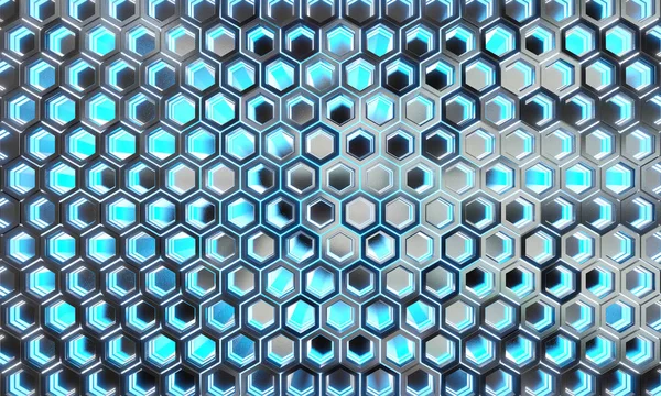 Glödande svart och blå hexagoner bakgrund mönster på silver träffade — Stockfoto