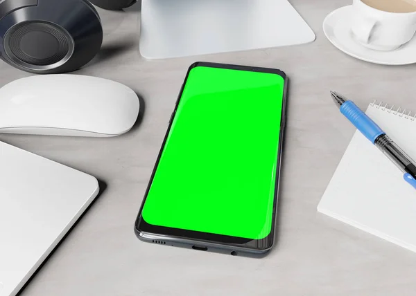 Modernes Smartphone auf Desktop-Attrappe 3D-Rendering — Stockfoto