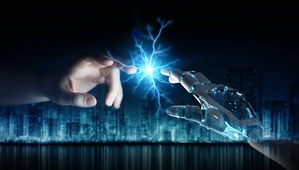 Robot hand creating electricity with human hand 3D rendering — Stock Photo, Image