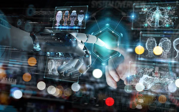 Mano de robot y mano humana tocando la interfaz gráfica digital 3D re —  Fotos de Stock