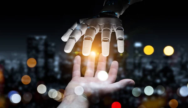 Robot mano haciendo contacto con la mano humana sobre fondo oscuro 3D — Foto de Stock