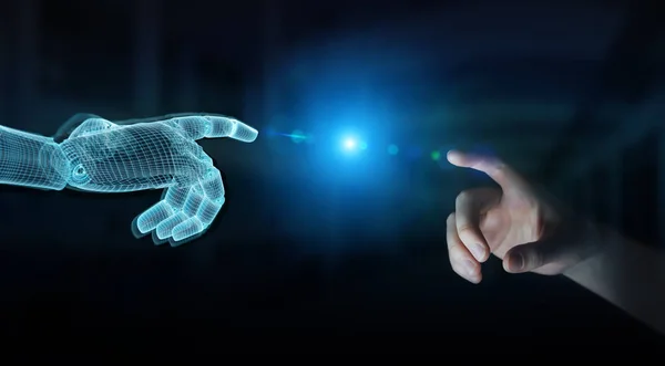 Wireframed Robot hand making contact with human hand on dark 3D — Stock Photo, Image