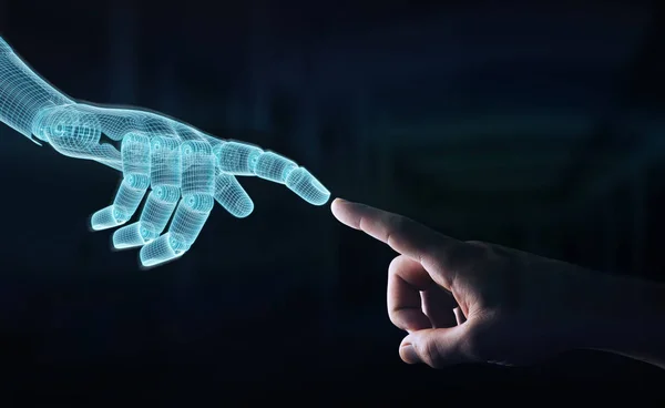 Wireframed Robot hand making contact with human hand on dark 3D — Stock Photo, Image