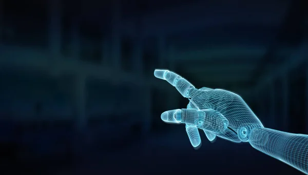 Проволочная синяя рука робота, указывающая пальцем на темный 3D рендеринг — стоковое фото