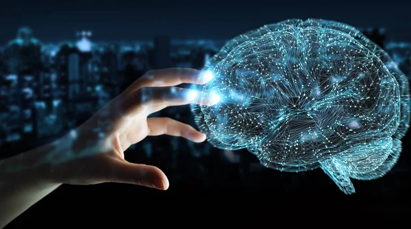 Podnikatelka pomocí digitálních 3d projekce 3d re lidský mozek — Stock fotografie