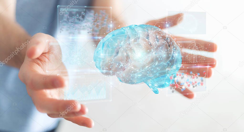 Businessman using digital 3D projection of a human brain 3D rend