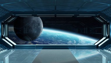 Koyu mavi uzay gemisi fütüristik iç planı üzerinde pencere Manzaralı