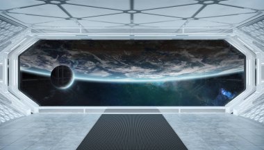 Beyaz mavi uzay gemisi fütüristik iç pencere manzaralı pla