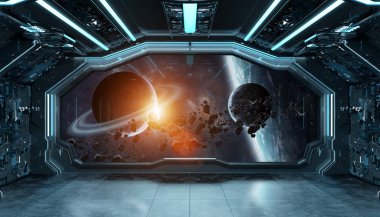 Koyu mavi uzay gemisi fütüristik iç spac pencere Manzaralı