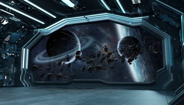 Koyu mavi uzay gemisi fütüristik iç spac pencere Manzaralı