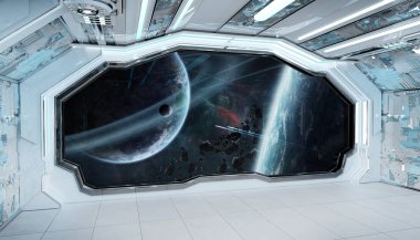 Beyaz mavi uzay gemisi fütüristik iç pencere manzaralı spa