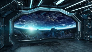 Koyu mavi uzay gemisi fütüristik iç spac pencere Manzaralı