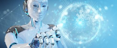 Dünya ağ hologram Europe ma ile kullanan beyaz insansı kadın