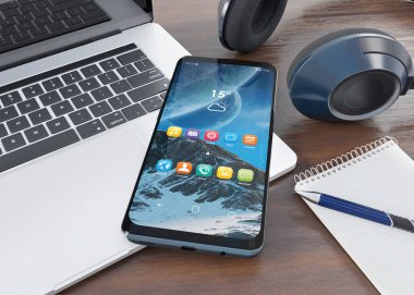 Modern smartphone masaüstü mockup 3d render döşeme