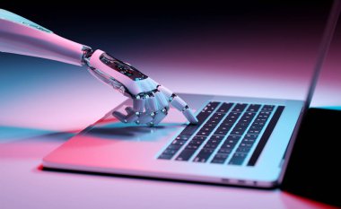 Robot el bir dizüstü 3d render bir klavye tuşuna basarak