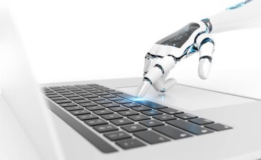 Beyaz robot cyborg el laptop 3d rende üzerinde bir klavye tuşuna basarak