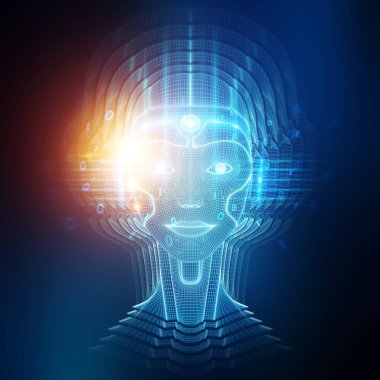 Robot cyborg baş yapay zeka 3d render öğrenme