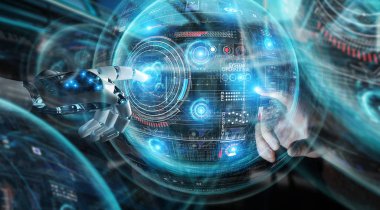 Robot ve insan el dijital küre grafik Interfac dokunmadan
