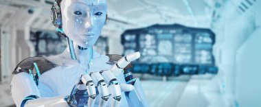 Beyaz kadın cyborg işaret parmağını 3d render