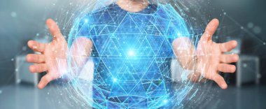 İşadamı dijital üçgen küre hologram patlayan kullanarak 3d 