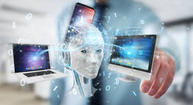 Beyaz insanımsı modern cihazlarla 3d r kontrol kullanarak iş adamı