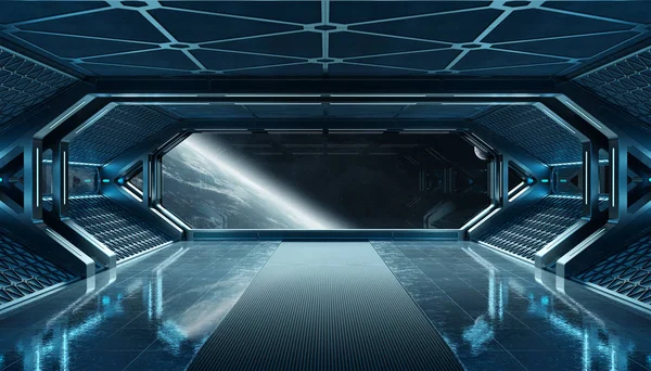 Dark blue spaceship futuristic interior with window view on plan