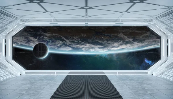 Nave spaziale blu bianca interno futuristico con vista finestra su pla — Foto Stock