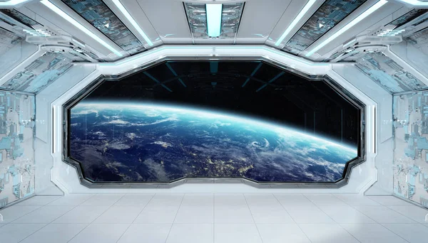 Белый синий космический корабль футуристического интерьера с видом на окно на Пла — стоковое фото