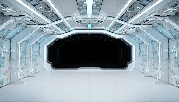 Biały niebieski statek kosmiczny Futurystyczne wnętrza makieta z widoku okna — Zdjęcie stockowe