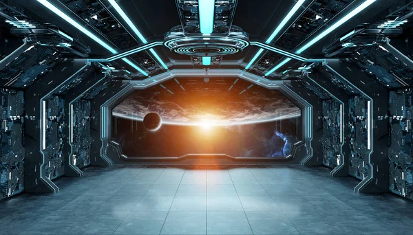 Темно-синий космический корабль футуристический интерьер с видом на окно по плану — стоковое фото