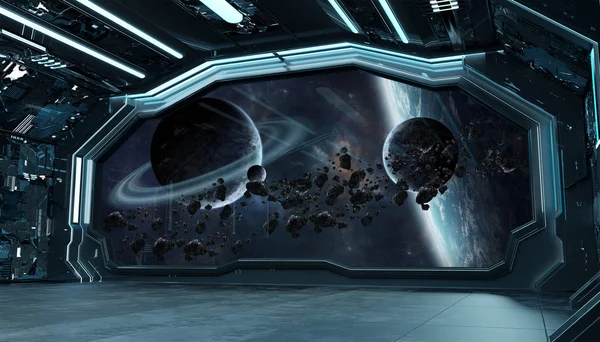 深蓝色飞船未来派内部与窗景在空间 — 图库照片