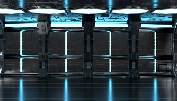 Mörk blå rymdskepp futuristisk interiör med tech vägg panel 3d — Stockfoto