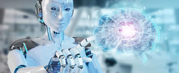 Robot creando inteligencia artificial en un cerebro digital 3D ren —  Fotos de Stock