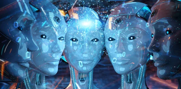 Grupo de cabeças de robôs femininos criando conexão digital 3d rend — Fotografia de Stock