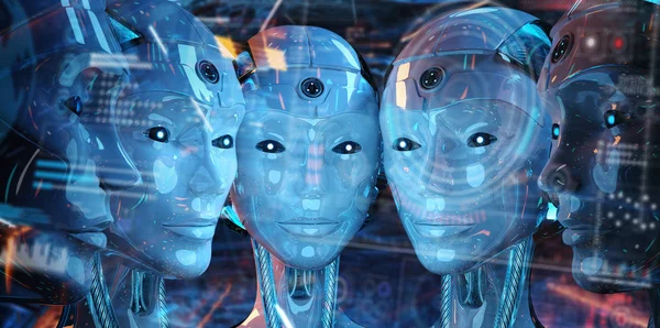 Groupe de têtes de robots femelles utilisant des écrans holographiques numériques 3d r — Photo