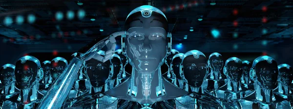 Group of male robots following leader cyborg army 3d rendering — Stock Photo, Image