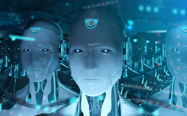 Grupa robotów mężczyzna po przywódca armii cyborgów renderowania 3d — Zdjęcie stockowe