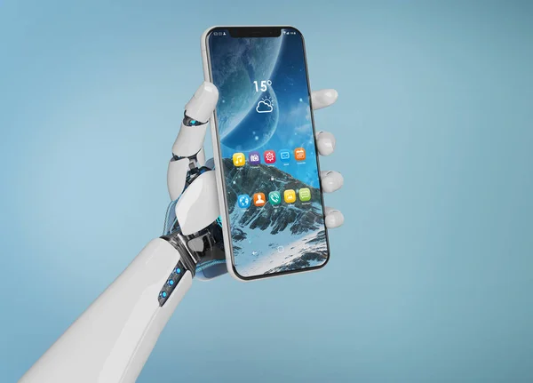 Robot bianco mano tenendo smartphone mockup rendering 3d — Foto Stock