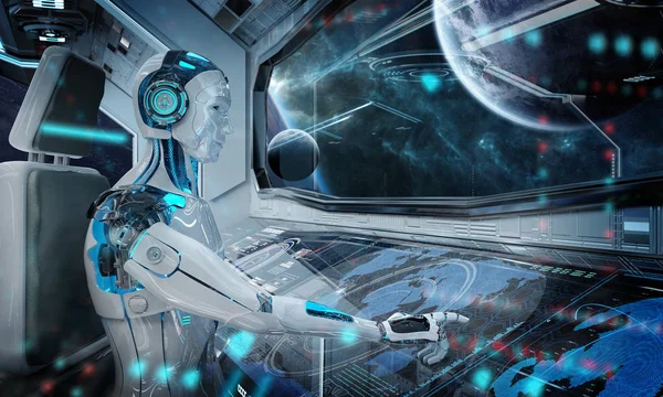 Robot bir beyaz modern uzay gemisi galibiyetle uçan bir kontrol odasında