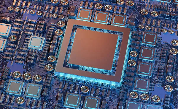 Vista ravvicinata di una moderna scheda GPU con rendering 3D del circuito — Foto Stock
