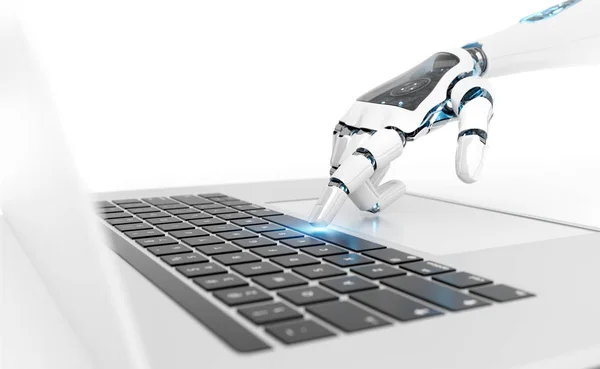White robot cyborg hand pressing a keyboard on a laptop 3D rende — Stock Photo, Image