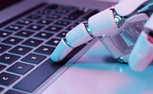 Robotic hand te drukken op een toetsenbord van een laptop 3d rendering — Stockfoto