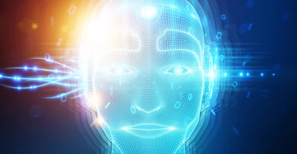 Роботизированное лицо киборга, представляющее искусственный интеллект 3D — стоковое фото