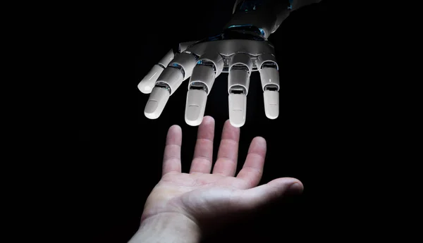 Рука робота, що робить контакт з людською рукою на темному тлі 3D — стокове фото