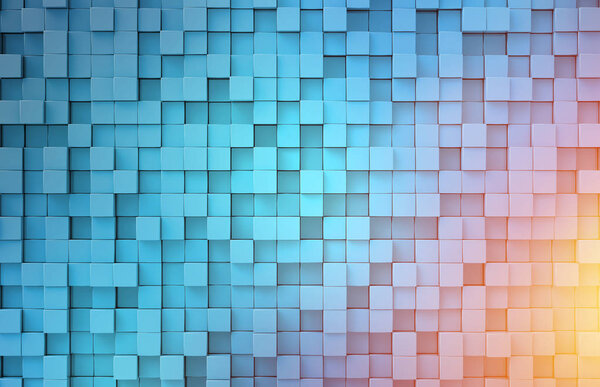 Glowing black blue and orange abstract squares background pattern 3D rendering