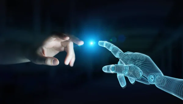 Рука робота, що робить контакт з людською рукою на темному 3D — стокове фото