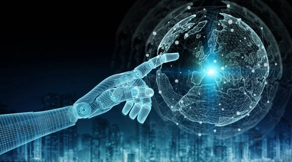 Wireframed mano robot azul tocando el mundo digital en backgr oscuro — Foto de Stock