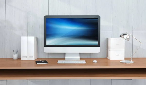 Komputer i urządzenia w nowoczesne biurko drewniane wnętrze renderowania 3d — Zdjęcie stockowe