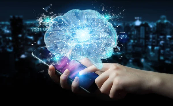 Uomo d'affari che crea intelligenza artificiale in un cervello digitale — Foto Stock