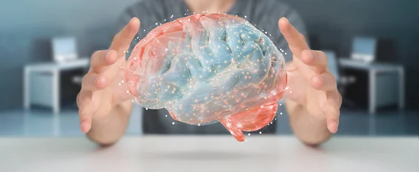 Empresario que utiliza la proyección digital 3D de un cerebro humano 3D rend — Foto de Stock
